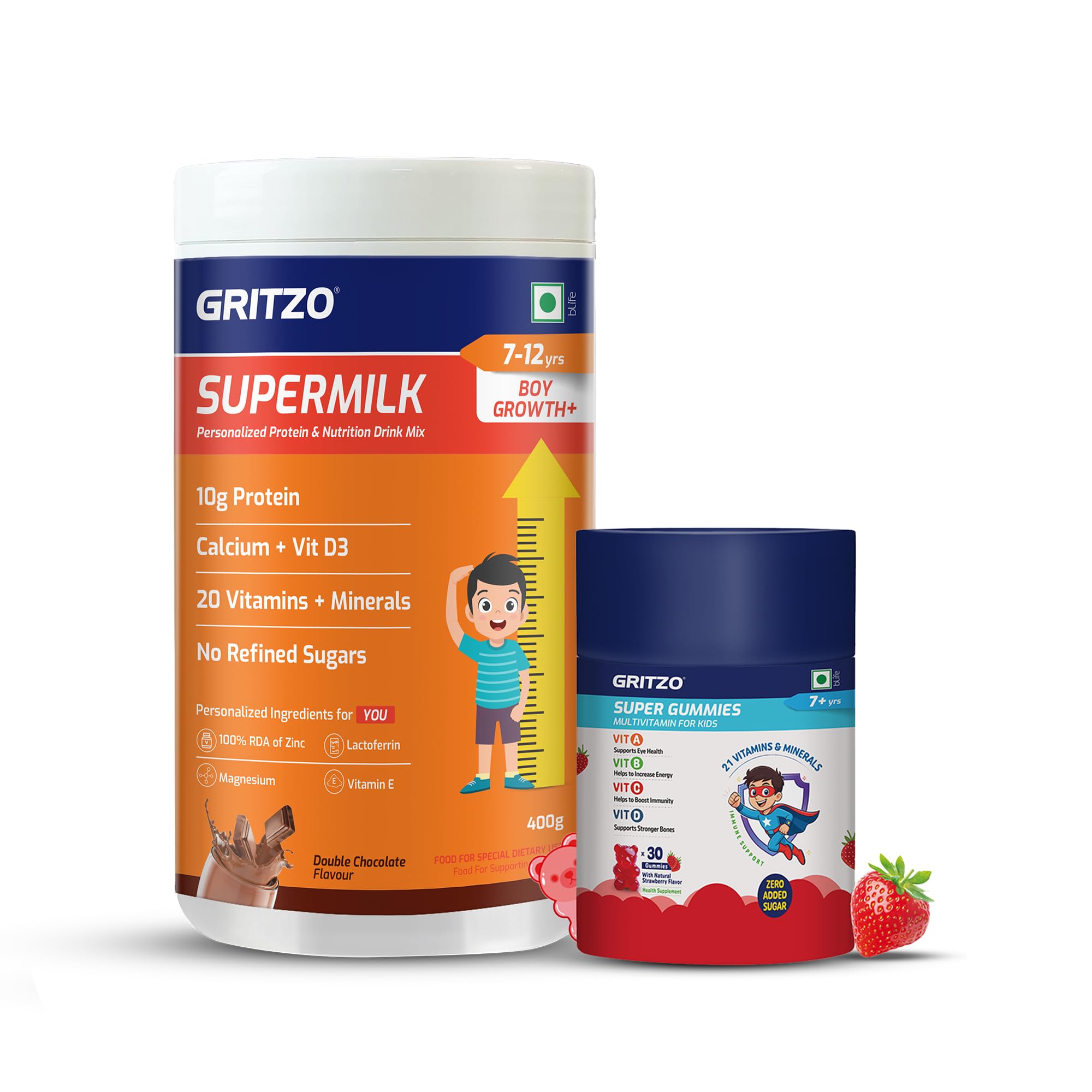 SuperMilk Growth+ (Formerly Height+) (7-12y Boys) (Double Chocolate, 400g) with Super Gummies (Strawberry, 30 Gummies) | Pack of 2