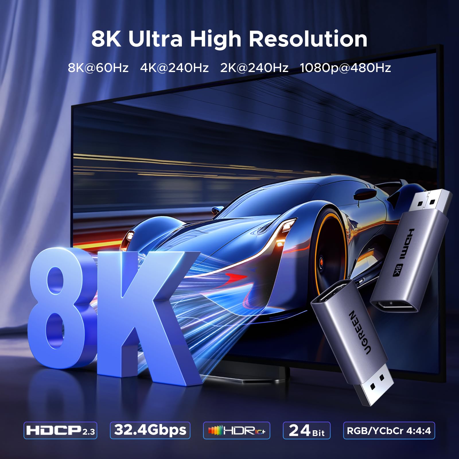 UGREEN Adaptador DisplayPort a HDMI 8K 60Hz 4K 240Hz HDR10 Convertidor DP Macho a HDMI Hembra Unidireccional Carcasa de Aluminio Compatible con PC Monitor HDTV Proyectores 2 Piezas