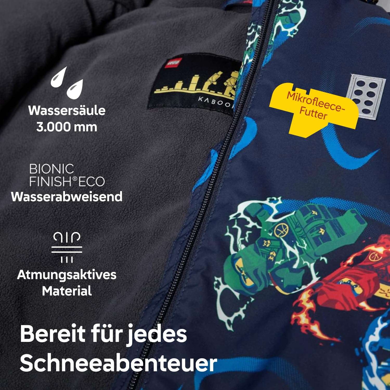 Kabooki LEGO® NINJAGO® Winterjacke für Jungen - Winddichte & Wasserabweisende (3.000 mm) Jacke mit All-Over Print | Abnehmbare Kapuze, Fleece-Futter & 3M Reflektoren