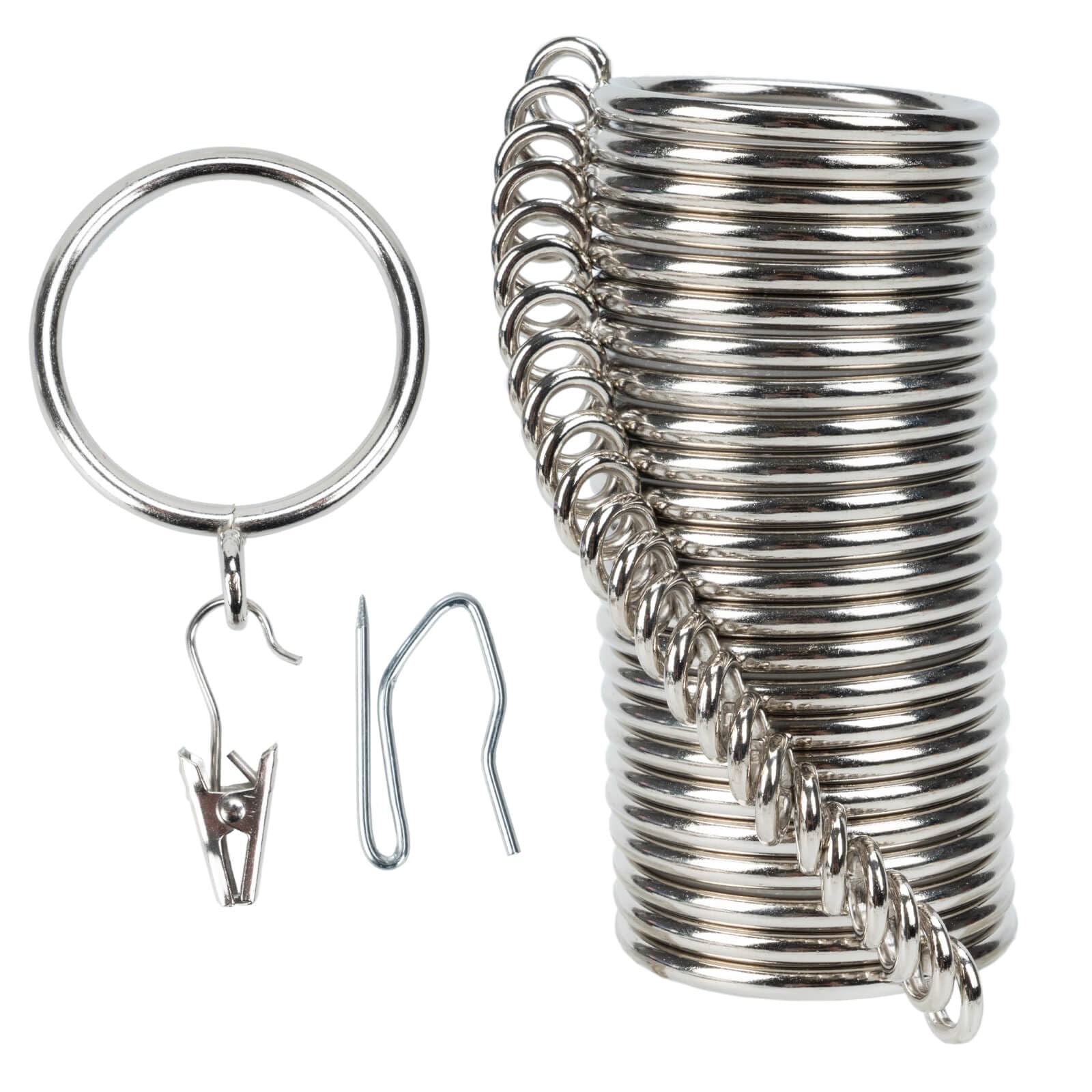 Curtain-Clip Rings with Hooks Drapery-Decorative - 1 Inch Inside Diameter Included Pin Hooks and Clips Designed to Effortlessly Hold Up 2 Standard Curtains 24Pcs Silver Exselens