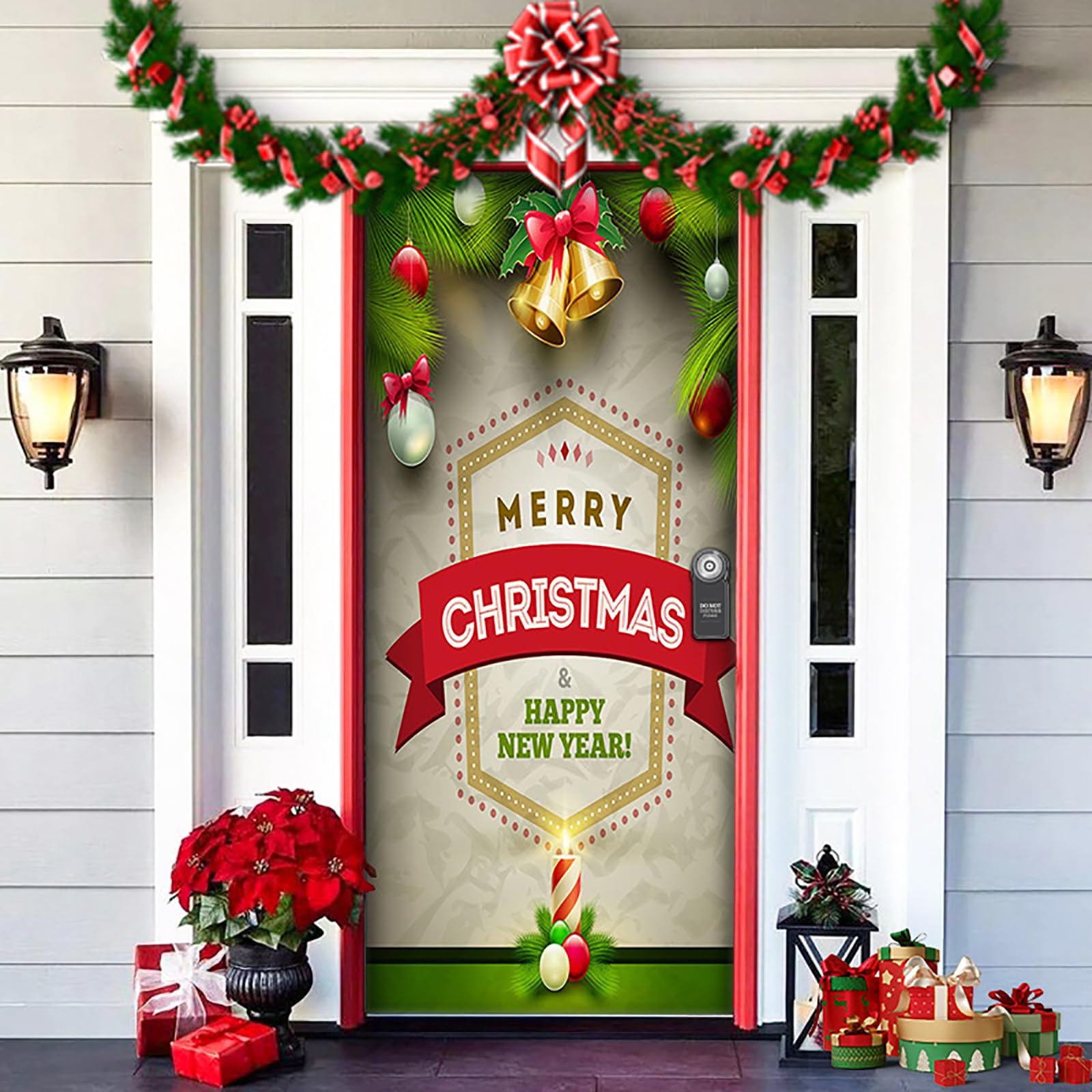 Copertura Per Porta Con Presepe E Scritta Merry Christmas – Stendardo In Tessuto 200x90 Cm Per Decorazioni Natalizie - 3