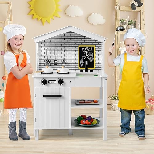 Miniatura 8 de Costzon Juego de cocina para niños, cocina de madera con pizarra, estufas, fregadero y grifo, armario de almacenamiento, juego de cocina de juguete