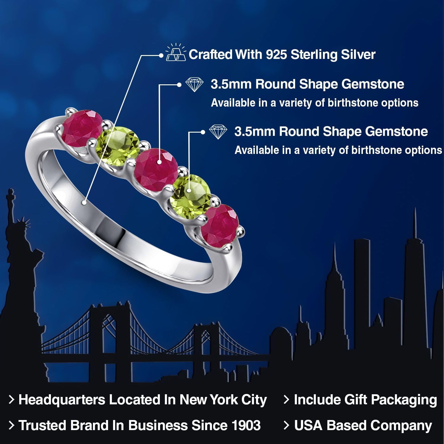 Gem Stone King 925 Sterling Silver Red Ruby and Green Peridot Wedding-Bands Ring For Women | 1.16 Cttw | Round 3.5MM | Gemstone July Birthstone - Image 2