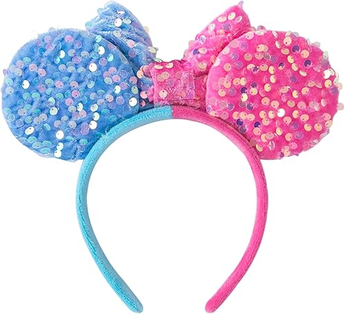Miniatura 2 de Diadema de orejas de ratón rosa y azul con lazo de lentejuelas para fiesta de revelación de género