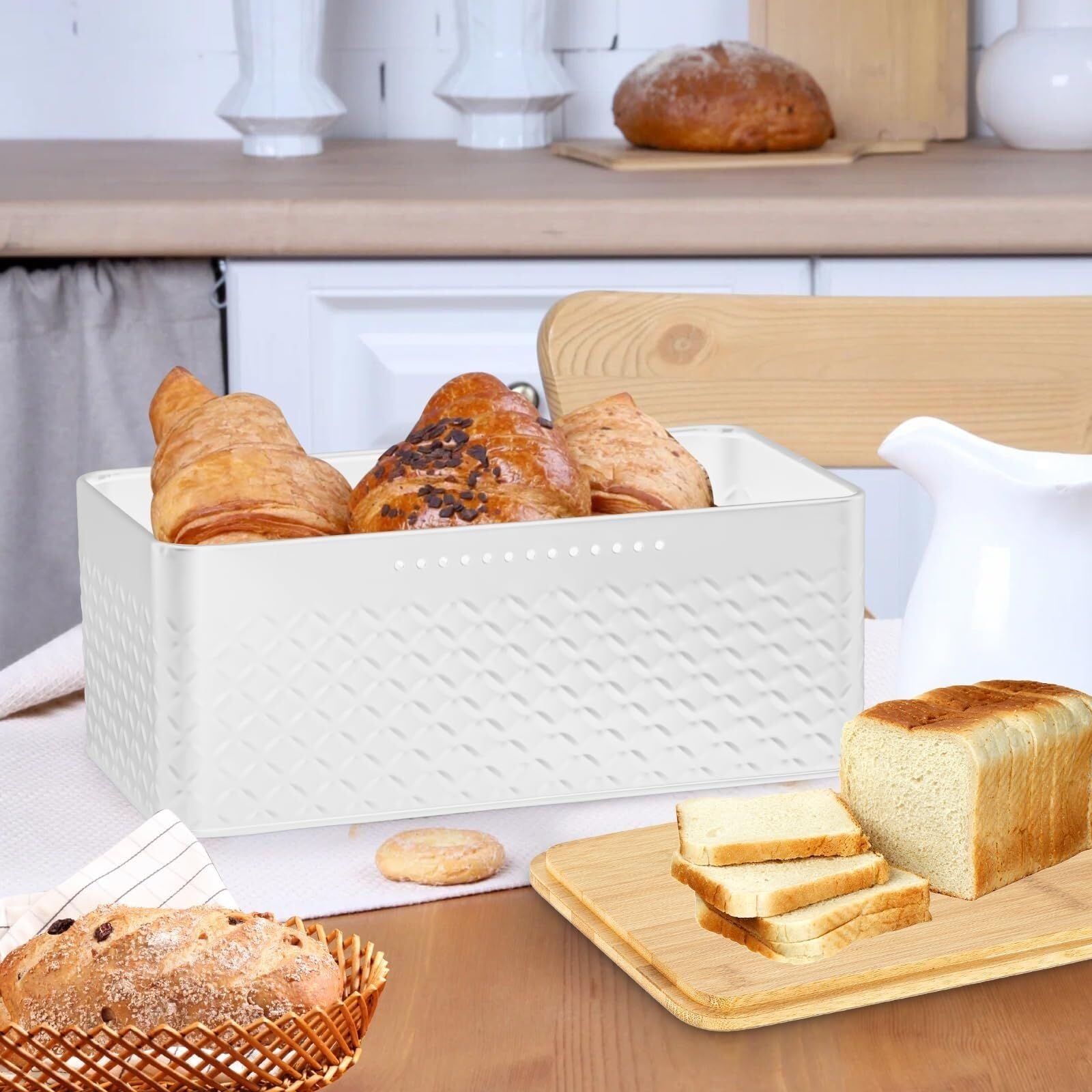 Chlebak na Pieczywo - Chlebak Kuchenny Pojemnik Na Chleb Metalowy Z Pokrywką Bambusową, Nadający Się Jako Deska Do Krojenia, Duży Przechowywania Żywności Bułeczki