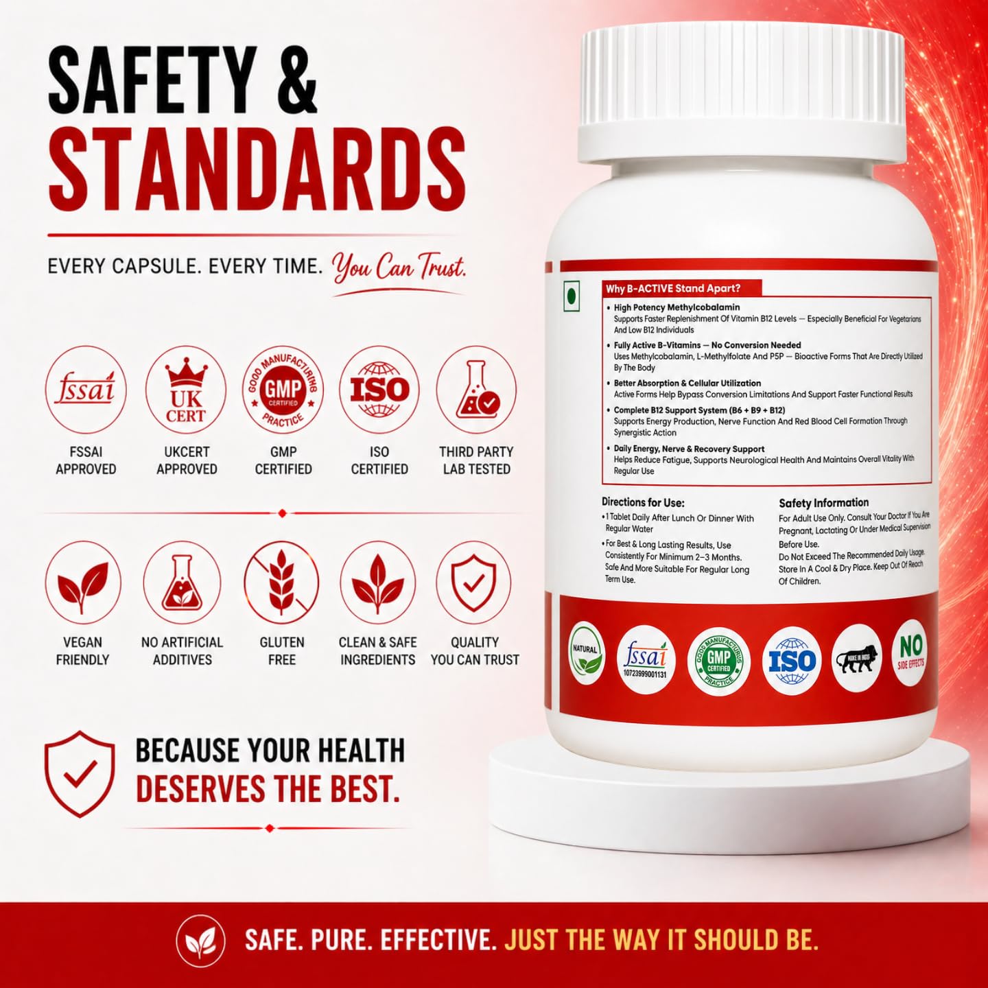 L'Omaya B-Active | Vitamin B12 with Methylcobalamin | 100% RDA | With Active Forms of Vitamin B6 (P5P) & B9 (Methylfolate) | Energy, Nerve & Brain Support | 60 Vegetarian Capsules — Amazon image 9