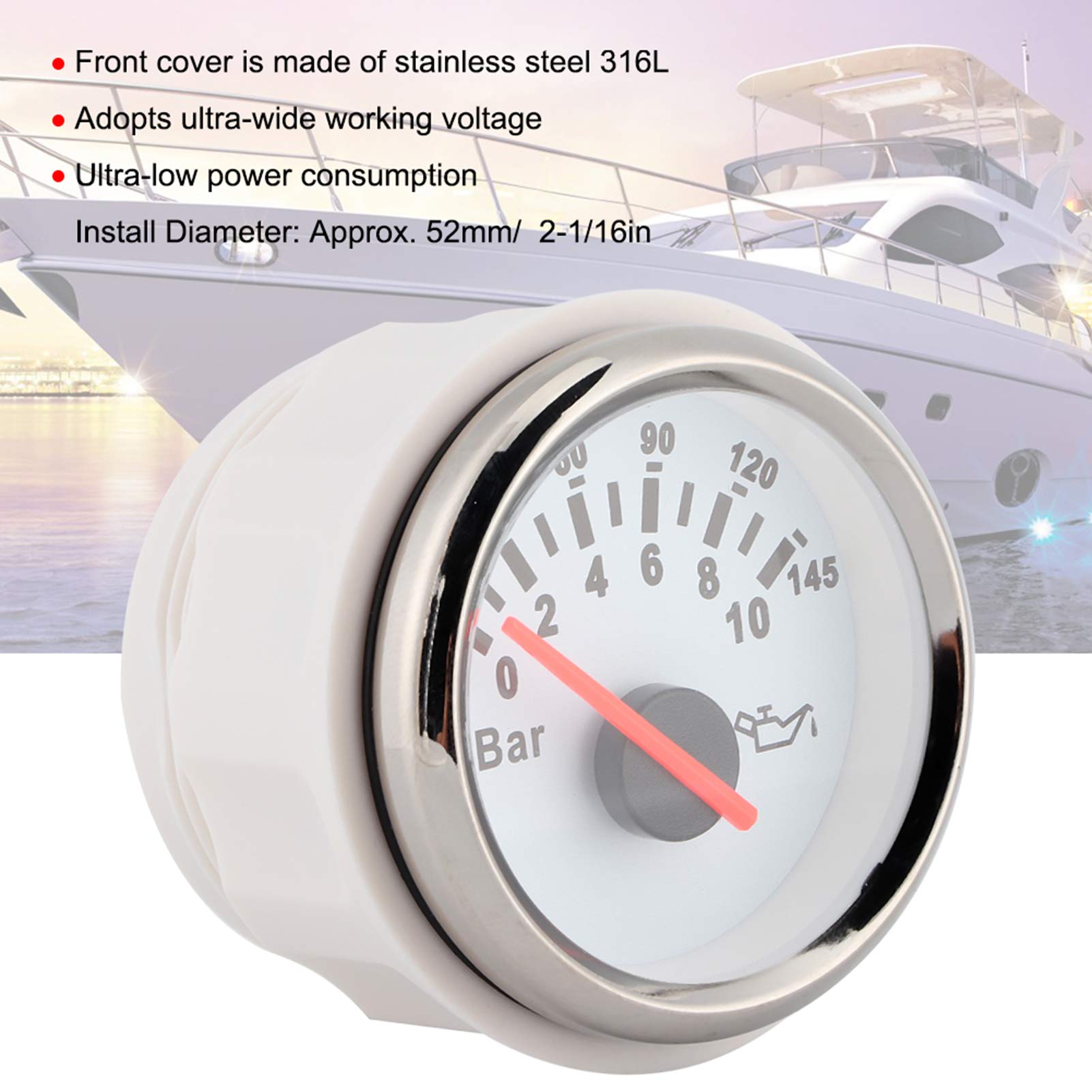 Jauge de Pression d'huile 52mm 2in Pointeur de Moteur Voiture Auto Kit de Jauge Pression d'huile Presse Indicateur Lumineux LED Universel Bar pour Auto Moto Bateau Camion 12V/24V(Blanc)
