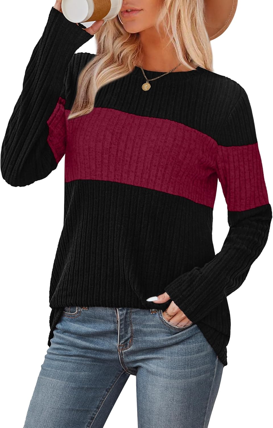 WIHOLL Womens Sweaters Trendy Color Block Tops Long Sleeve Shirts Fall Outfits Early Fall Fashion 2025 Winter Clothing - Image 2