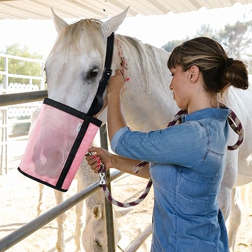 Miniatura 2 de Bolsa de alimentación para caballos, cubo de alimentación de caballos de grano de malla de nailon con correa ajustable, cómoda almohadilla para el