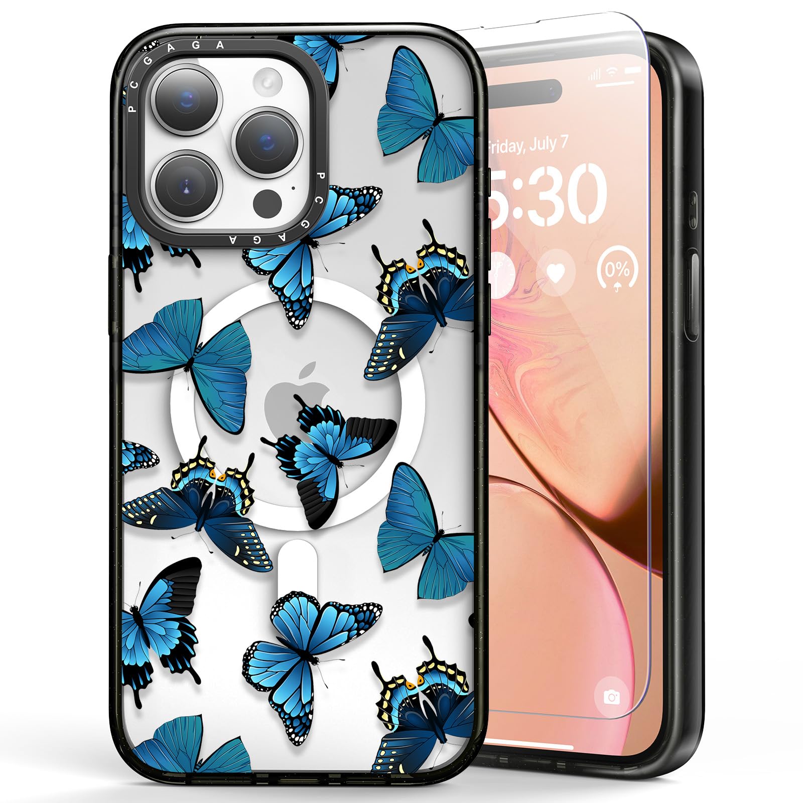 pcgaga Magnetic Case for iPhone 15 Pro Max 6.7" with Magsafe, Cute Embossed Pattern Clear PC Back Cover & Slim TPU Bumper, Screen Protector & Pearl Beaded Phone Strap-360° Protection (Butterfly)