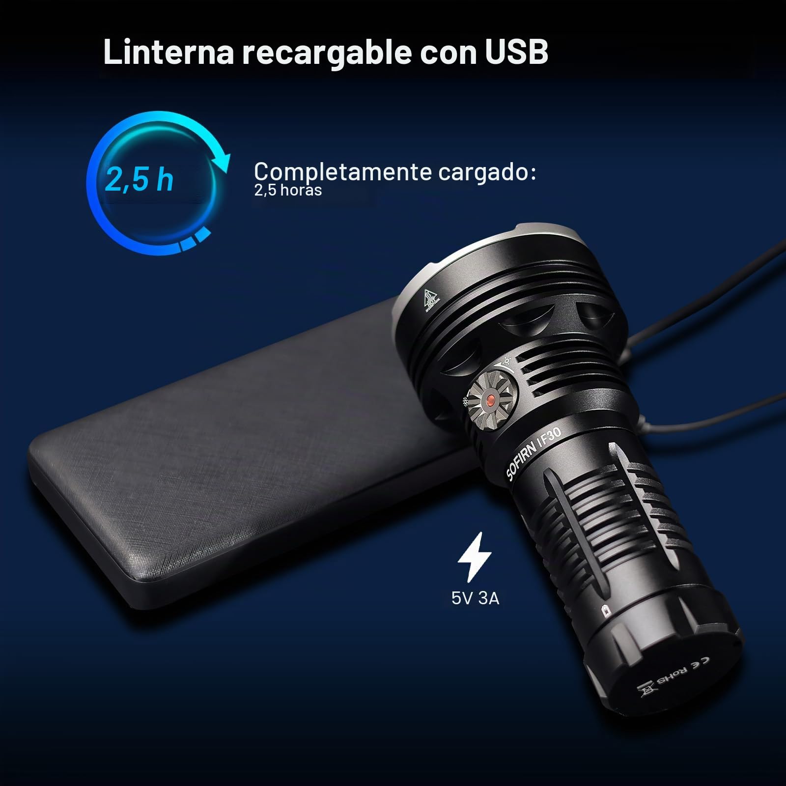 Sofirn IF30 Linterna LED extremadamente brillante, USB C, 12000 lúmenes, recargable, linterna LED multifunción, con 3 modos de luz, para camping, senderismo, emergencias
