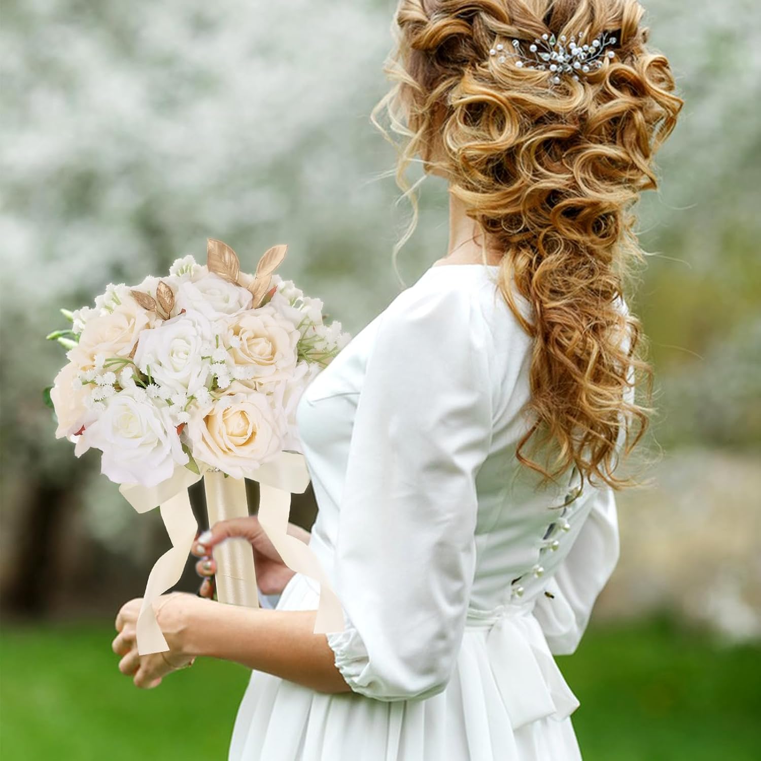 Wedding Bouquets for Bride - Realistic Silk Flowers Artificial Roses, 9 Inch Bridesmaid Bouquet for Ceremony, Church, Anniversary, and Home Decoration (White & Champagne) - Image 7