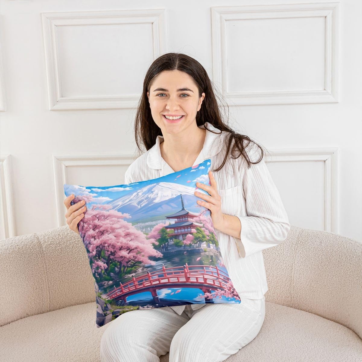 Castle Fairy Cherry Blossom Pillow Cover Japanese Ukiyoe Scenery Print Cushion Cover for Girls Teens Adults Pink Blossom Mount Fuji Cushion Case for Living Room 22x22 Inch image 4