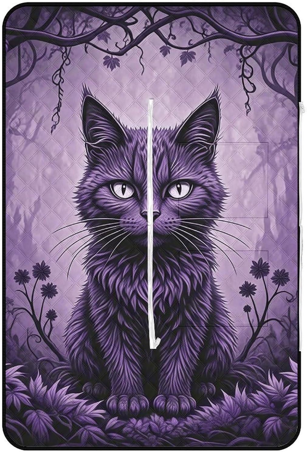 Purple Gothic Cat Picnic Blanket 150x100cm, Foldable 2-in-1 Picnic Mat and Tote Bag Portable Waterproof Beach Mat Sandproof Outdoor Blanket for Park, Hiking, Beach, Camping, Travel