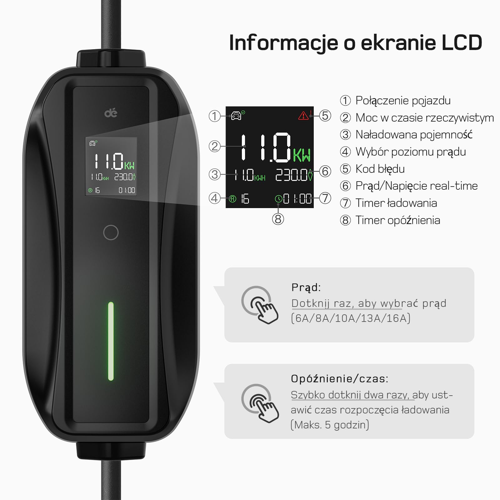 dé Mobilna Stacja ładowania/wallbox 11 kW (3-fazowa/7 m/6-16 A) z zestawem adapterów, kablem CEE 16 A do typu 2 i ładowarką EV do modeli Y/3, ID.3/4/5, MG4, EX30 i innych pojazdów elektrycznych