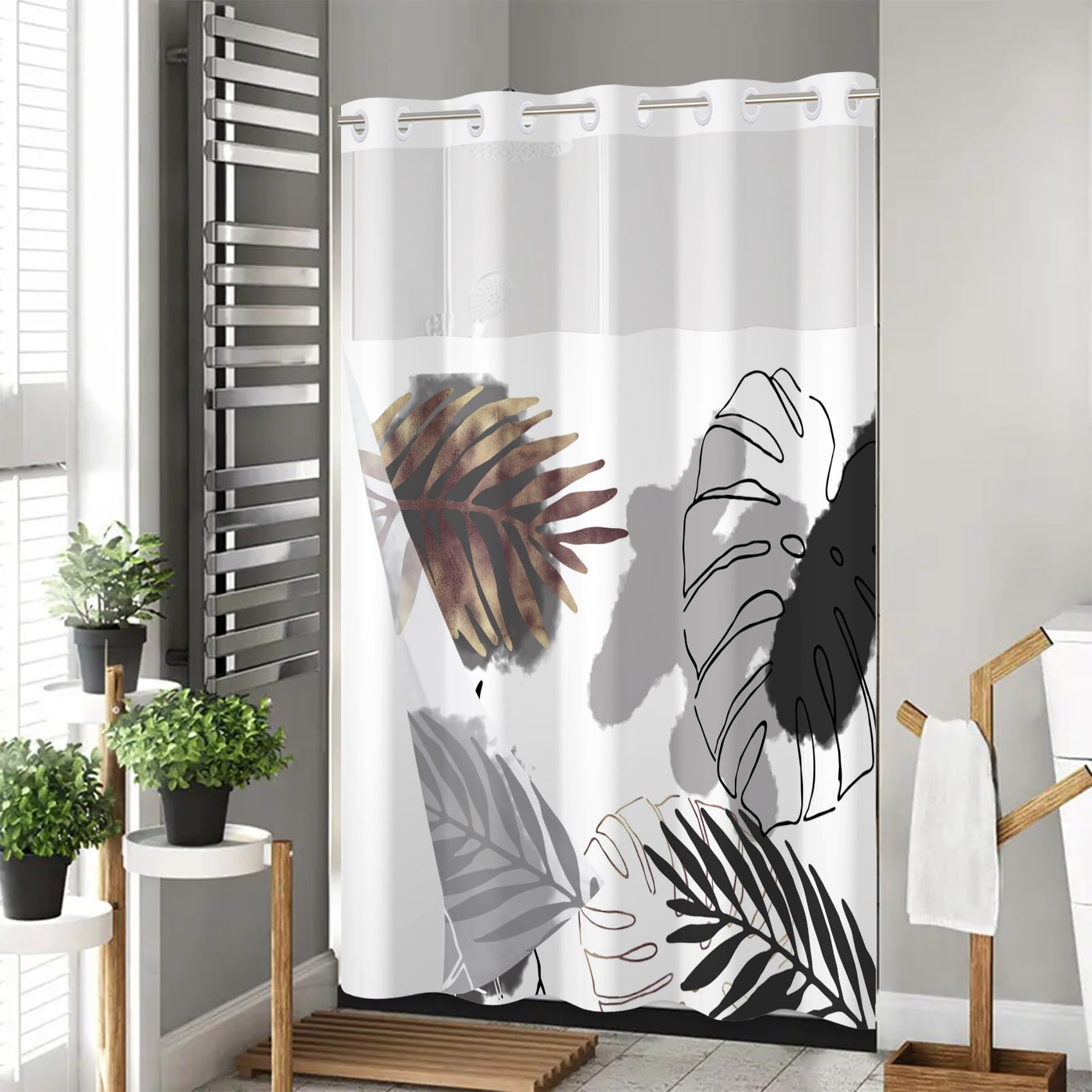 Boho Cortina de Ducha sin Gancho Hojas Doradas Grises Cortina de baño Abstracta de Mediados de Siglo Cortina de Ducha de Doble Capa con Snap in Liner Cortina de bañera Impermeable 180x200cm
