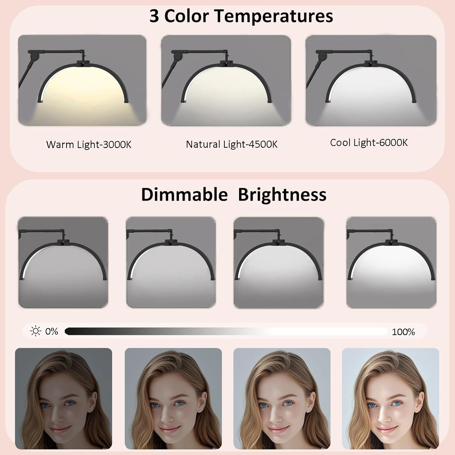 Half Moon Light for Lash Tech, LED Floor Lamp with Wheeled Base, Lash Light for Eyelash Extension, Tattoo Artists, Beauty, Adjustable Brightness, Phone Holder