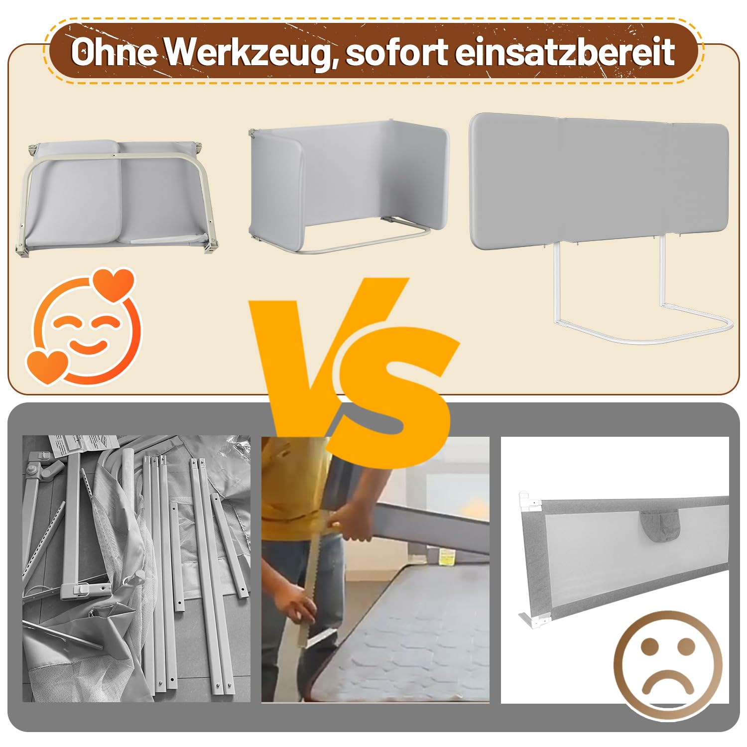 Rausfallschutz Bett 180cm, Tragbare Bettgitter Höhenverstellbar | Klappbares Bettgitter mit 2 Sicherheitsgurten und Tasche für Kinderbett, Elternbett und Boxspringbett, Werkzeuglose Montage