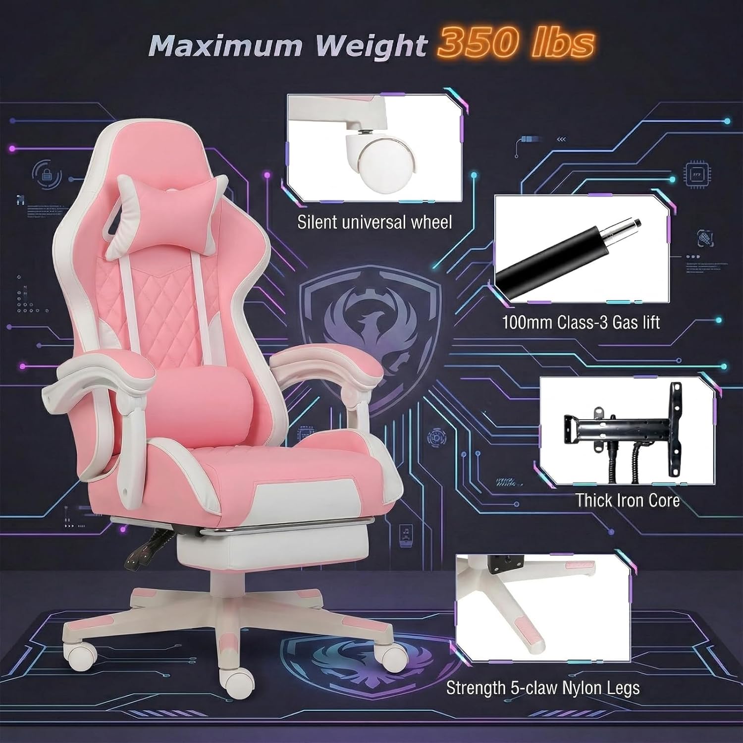 Gaming Chair with Footrest and Lumbar Support, Ergonomic Reclining High Back Computer Chair with Headrest & Linkage Armrests, PU Leather Swivel Adjustable Office Desk Chair for Adults (Pink)