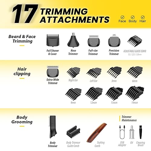 Miniatura 4 de Cortadora de barba para hombres, kit de aseo 17 en 1 para hombre con 6 cabezales de recorte, cortapelos inalámbrico recargable con base de carga,