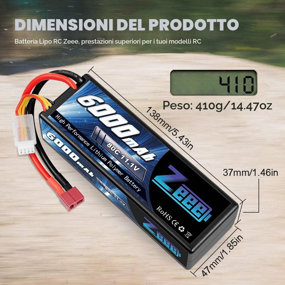 Zeee 3S Lipo Batteria 11,1V 80C 6000mAh Batteria RC Hardcase con Connectore Deans T Spina per RC Evader BX RC Veicolo Auto LKW Truggy RC Nave RC Modells RC Hobby