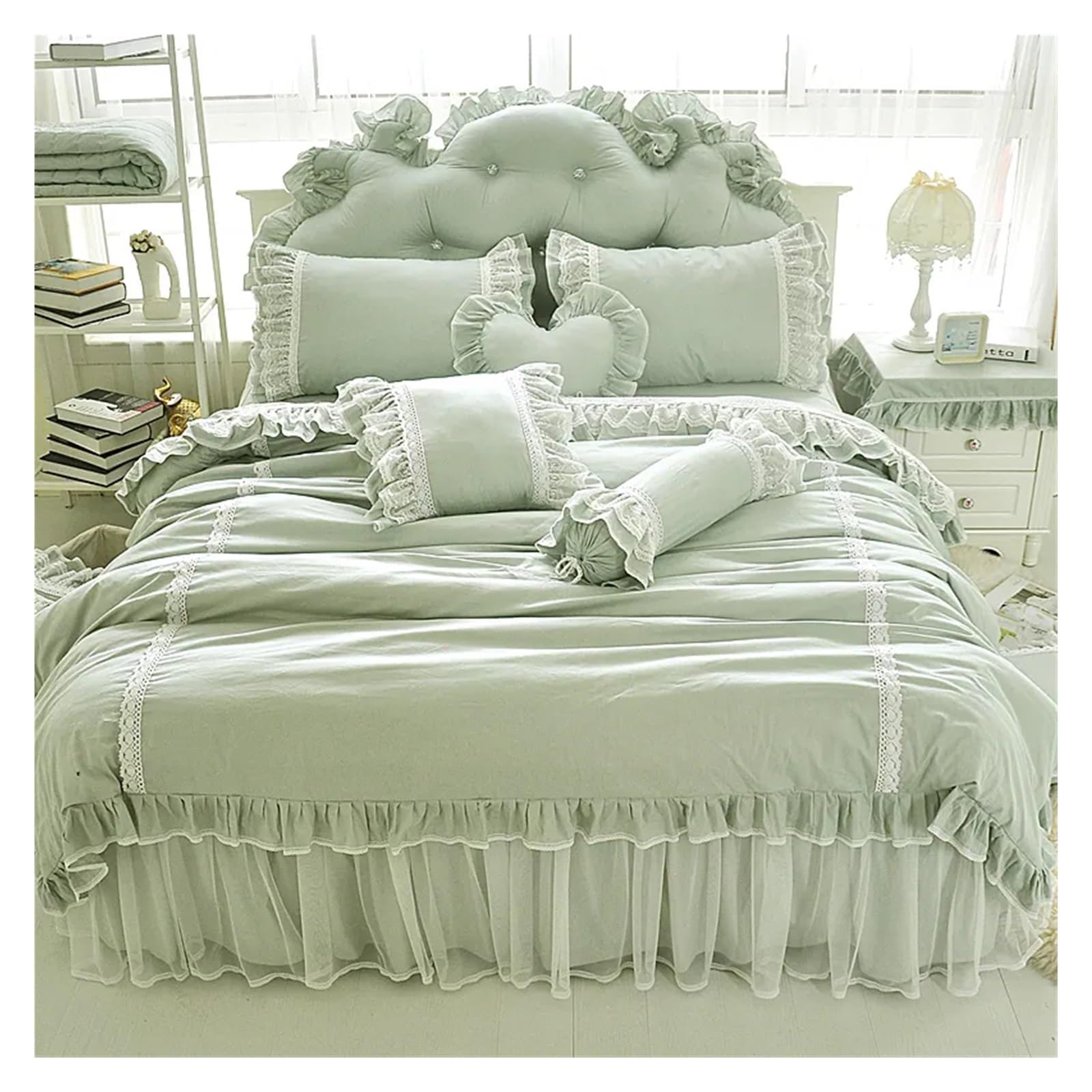 Ropa de cama suave de algodón con falda de cama y bordado de encaje de alta costura