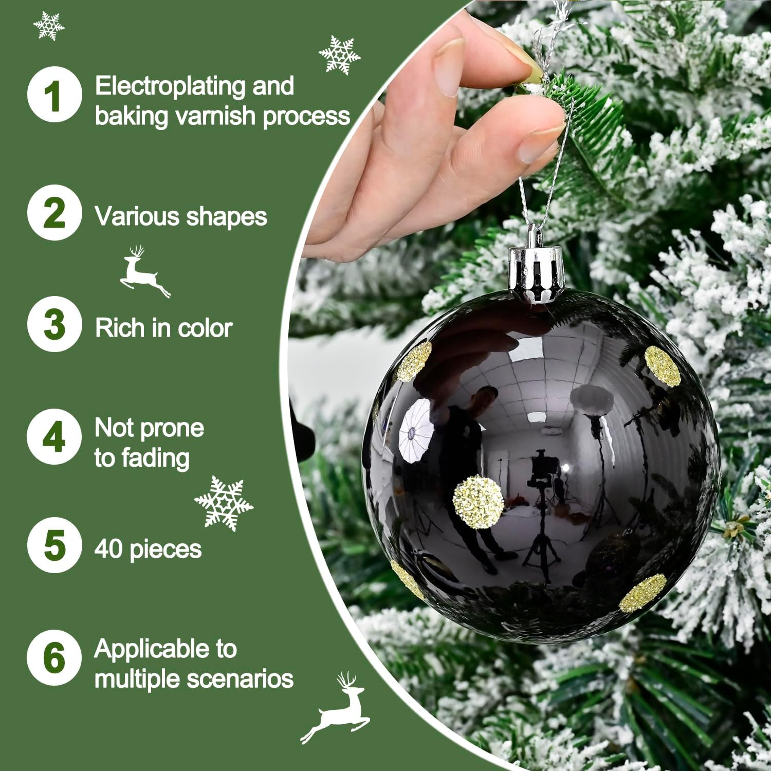Christmas Ball Ornaments Set, 40ct 3.15 inches Black Gold White Assorted Xmas Tree Ball Ornaments, Shatterproof Christmas Tree Hanging Ornaments for Xmas Decoration - Image 6
