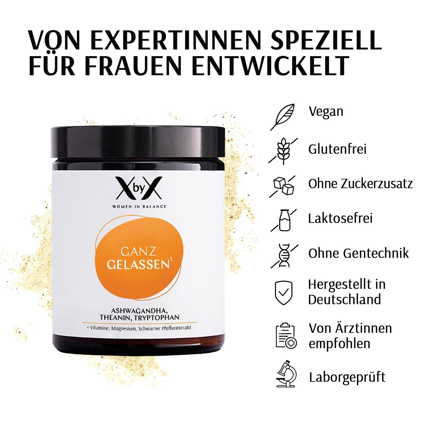 XbyX® Ganz Gelassen 90 g | 30 Portionen | Für mehr Gelassenheit & mentale Balance im Alltag | Adaptogen Ashwagandha, Tryptophan & Theanin aus Grüntee-Extrakt | Hormonfrei | Ohne Soja | Aus Deutschland