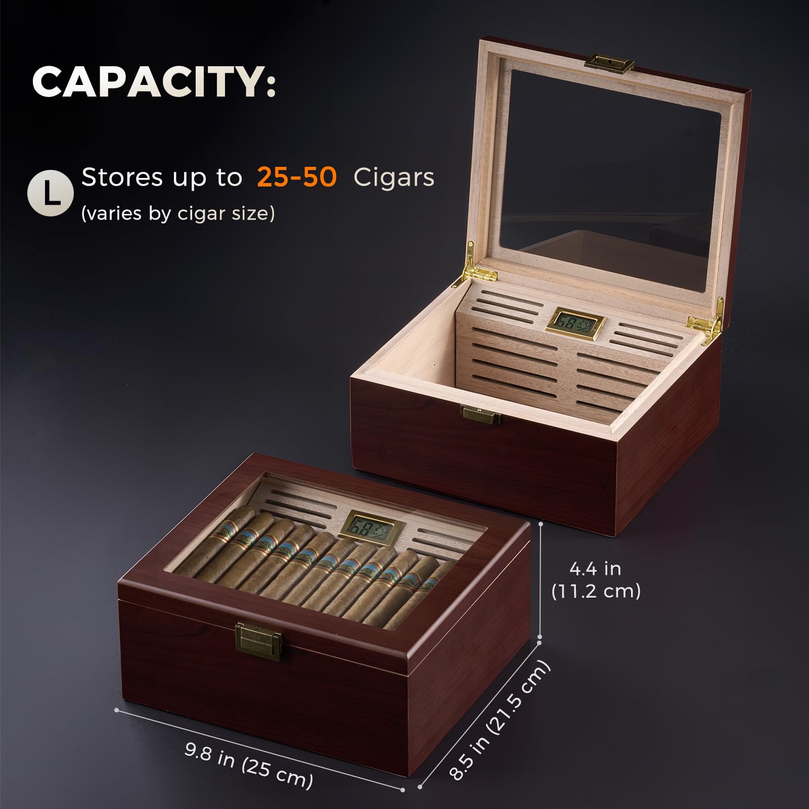 ProCase Zigarren Humidor aus Holz, mit Luftbefeuchter, Zedernholzfutter, Glasplatte, digitalem Hygrometer -Groß, Braun