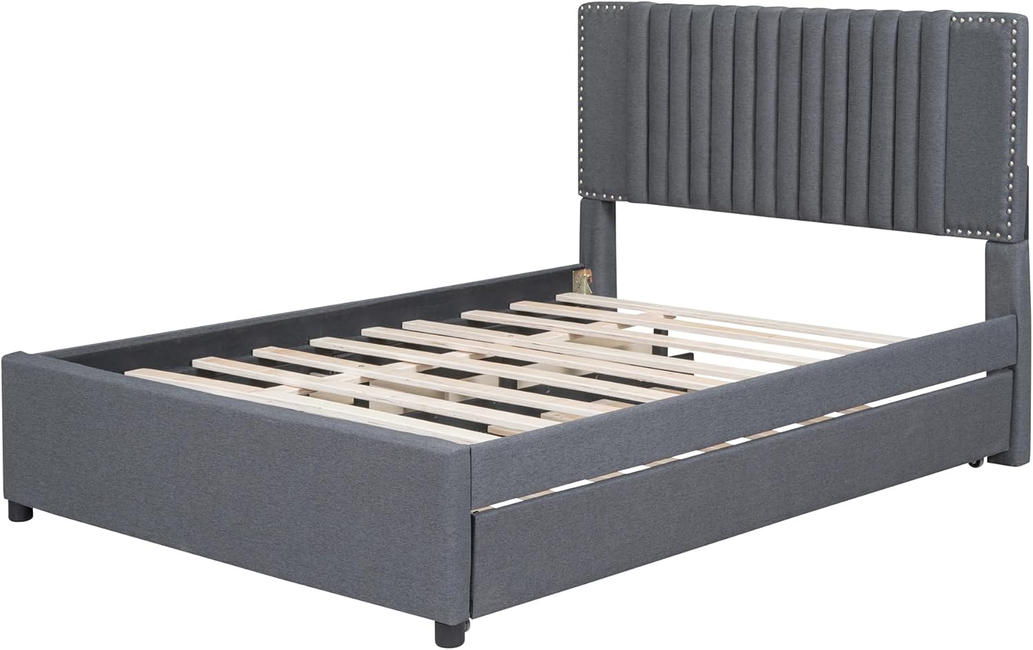 MERITLINE Upholstered Platform Bed with Drawers and Trundle, Full Size Linen Platform Bed with Headboard and Slats Support for Kids Teens Adults, No Box Spring Needed, Easy Assembly, Gray