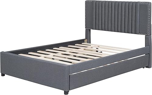 Miniatura 88 de Merax Base de cama tapizada de tamaño matrimonial con cama nido de tamaño individual, 2 cajones, cabecera con patrón de ladrillo y soporte de