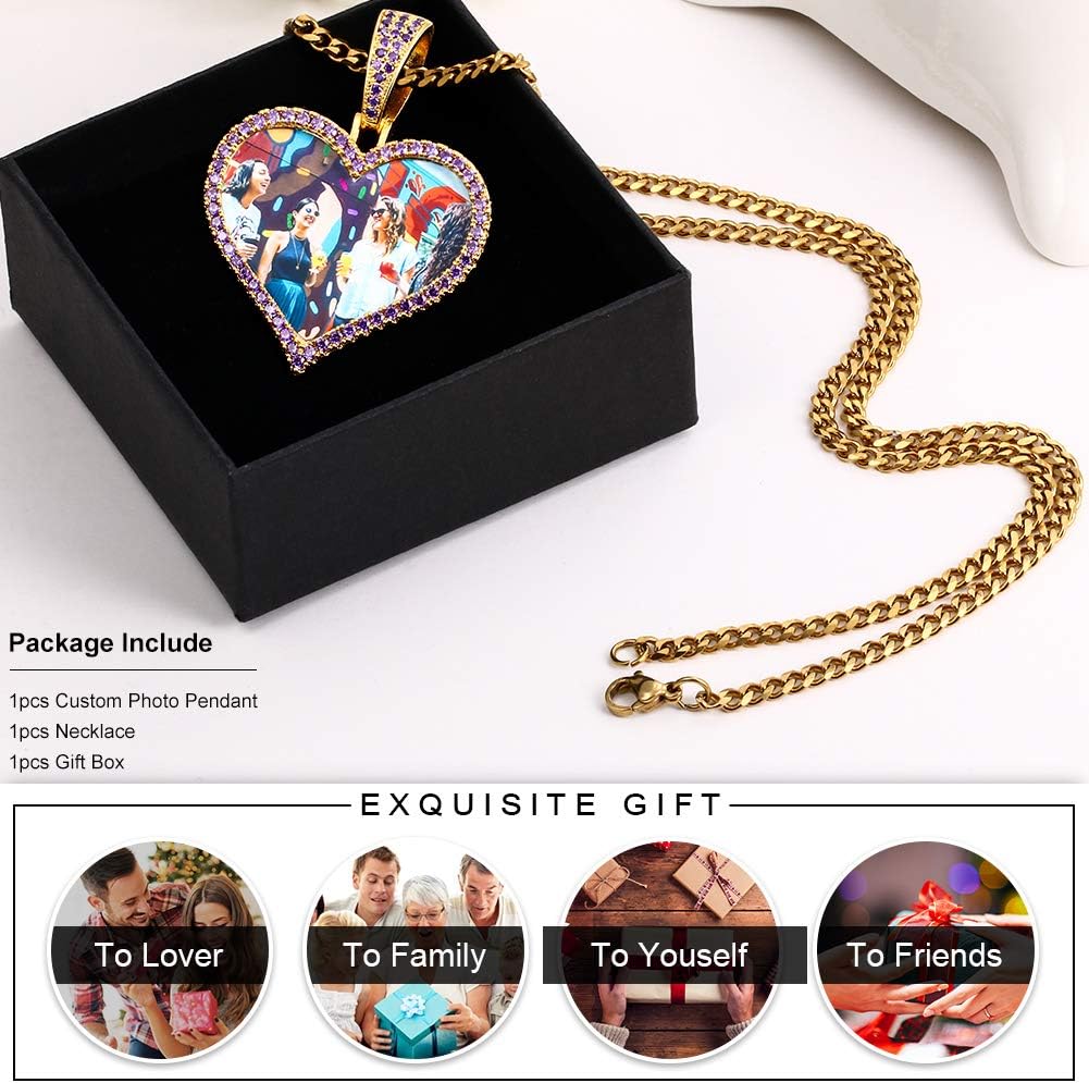 TUHE Custom Picture Necklace Personalized Hip Hop Iced out Heart Angle Wings Pendant Photo Necklace for Men Women Memory Chain Necklace Customized with Picture Rope/Tennis/Cuban Chain Necklaces