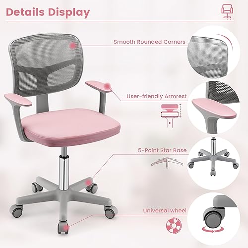Miniatura 4 de HOMGX Silla de escritorio para niños, silla ergonómica giratoria para estudio con soporte lumbar, malla transpirable y ruedas universales, silla de