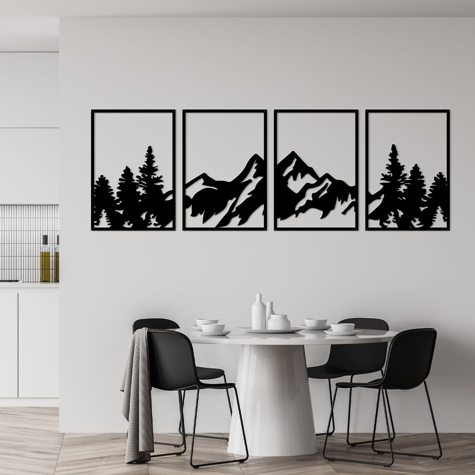ESTART Arte de pared de montaña grande, 4 piezas de decoración de pared de metal, adecuado para sala de estar, dormitorio, oficina (bosque de montaña)