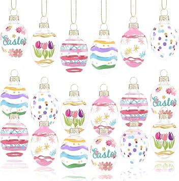 18 PCS Glass Easter Egg Ornaments Hand Painted Pastel Eggs Hanging Stained Glass Egg for Tree Spring Tree Decorations with String for Home Outdoor Indoor Party Decor Easter Party