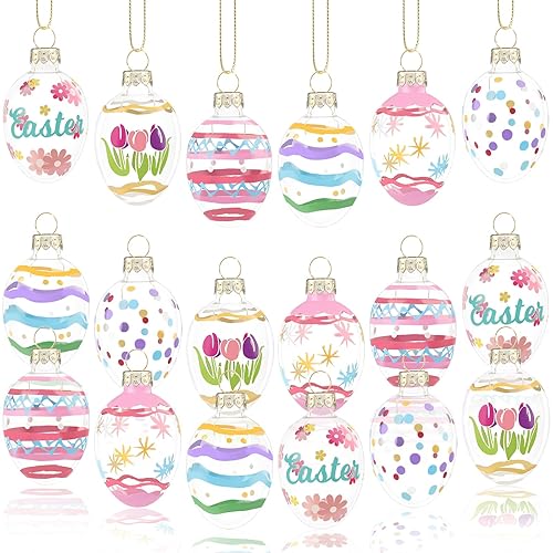 18 PCS Glass Easter Egg Ornaments Hand Painted Pastel Eggs