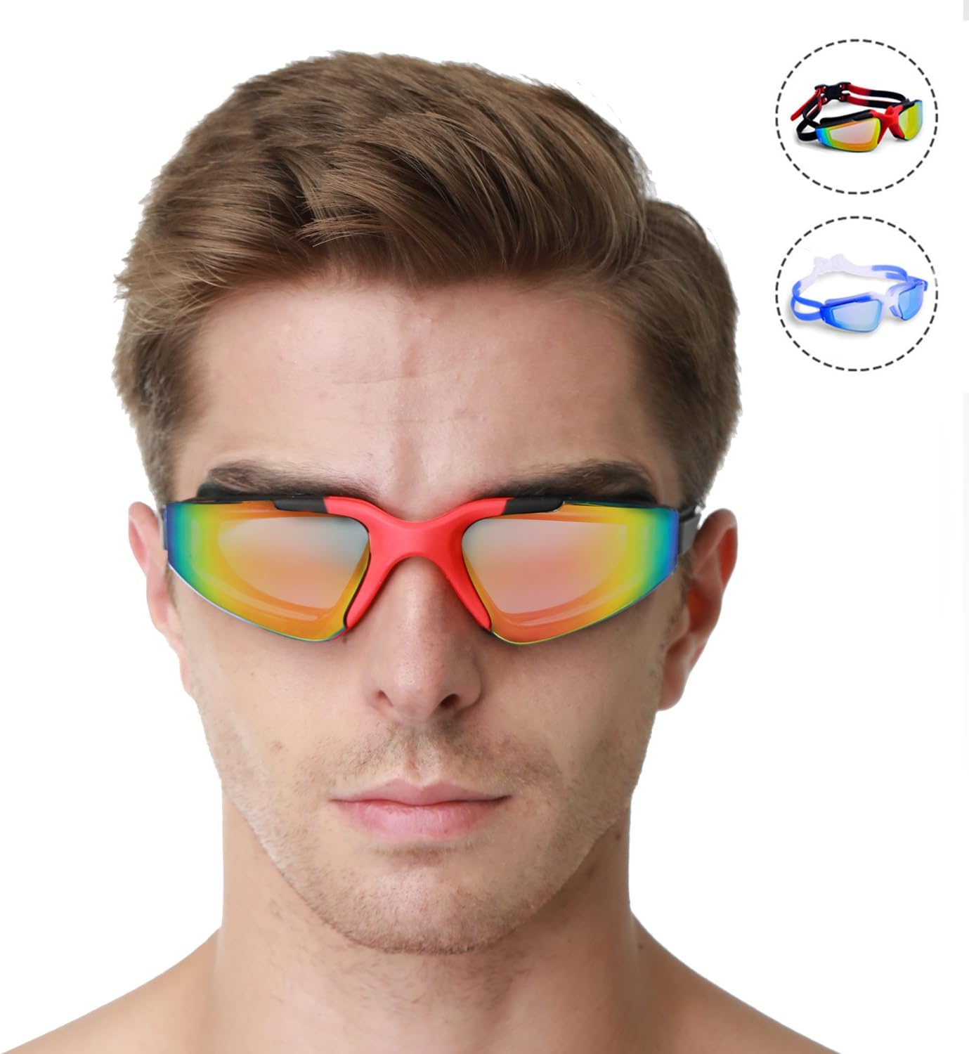 Swimming Goggles No Leaking Anti-Fog UV Protection with Ear Plugs and Free Protection Case, Swim Goggles Comfortable Fit for Adult Men Women Youth Kids Child from (Black and Red)