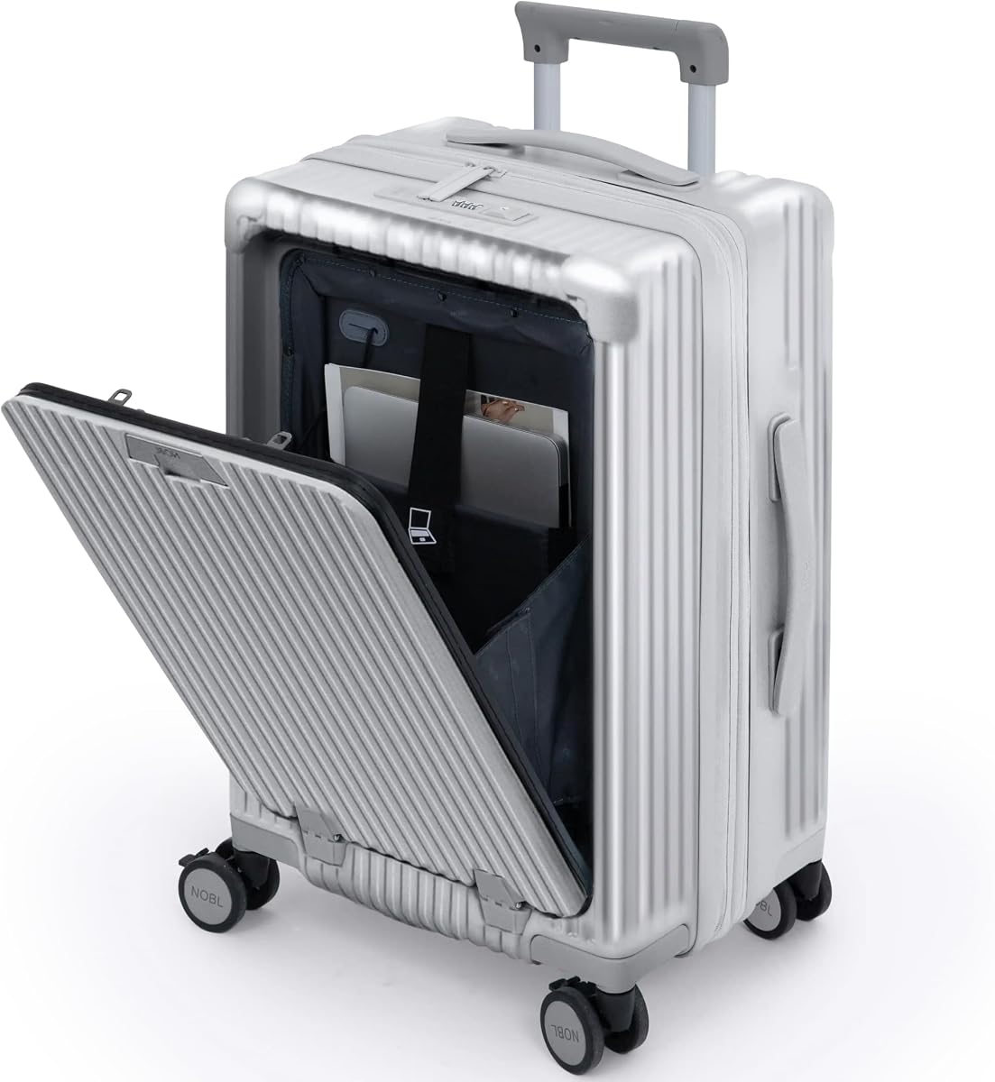 Nobl Travel Carry on Expandable Luggage, Aluminum Frame Hard Shell Suitcase | Airline Approved 22.5"x14.2"x9.8", 360° Spinner Wheels, TSA Locks, USB Charging, Cup & Phone Holder, PC Shell, Silver
