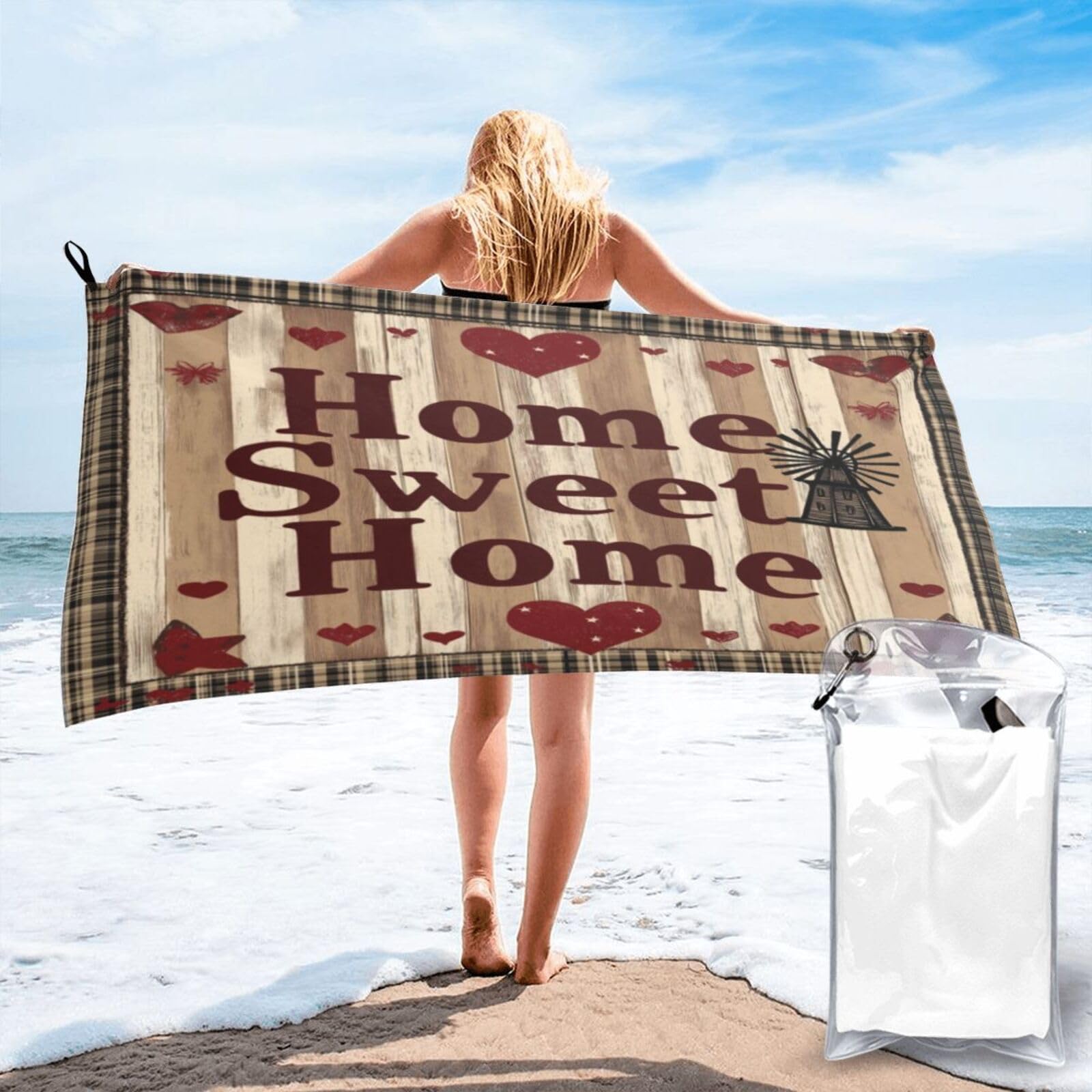 Anceky Rustic Home Sweet Home Sign Quick Dry Microfiber Travel Towel with Carry Case and Carabiner 31.5"X63"