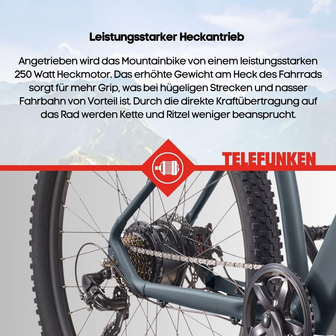 TELEFUNKEN E-Bike Mountainbike 29 Zoll für Herren und Damen | Elektrofahrrad mit 250W Hinterradmotor & 468 Wh Akku | 7-Gang Kettenschaltung | Scheibenbremsen | MTB Hardtail Pedelec