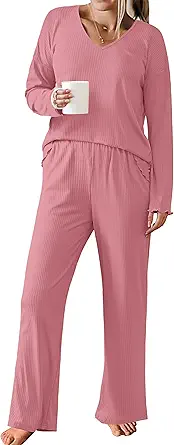 Ekouaer Womens Ribbed Knit Pajamas Set V Neck Long Sleeve Pj Set 2 Piece Loungewear Casual Sleepwear