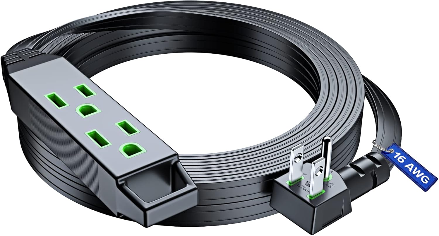 Maximm 15ft Extension Cord, 16 Gauge, Small Flat Plug & Space-Saving Flat Wire Design, 125V, 13A, 1625W, Grounded 3-Prong, ETL Listed, Black