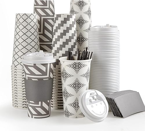 LITOPAK Paquete de 100 tazas de café de papel de 20 onzas, tazas de café desechables con tapa, funda y pajitas, cuatro diseños de tazas de café