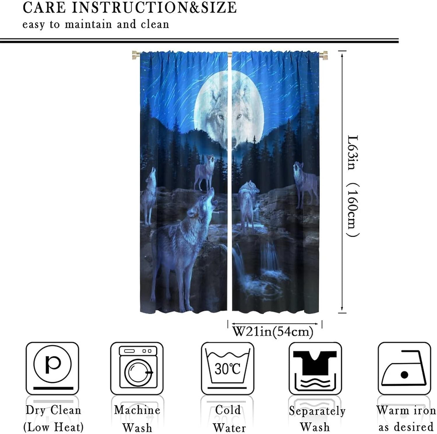 Fantasy Galaxy Full Moon Wolf Rod Pocket Blackout Curtains - Abstract Forest Night Howling Wolf Window Curtain Set Energy Saving Thermal Insulated Drapes for Living Room 2 Panels 63L x 21W