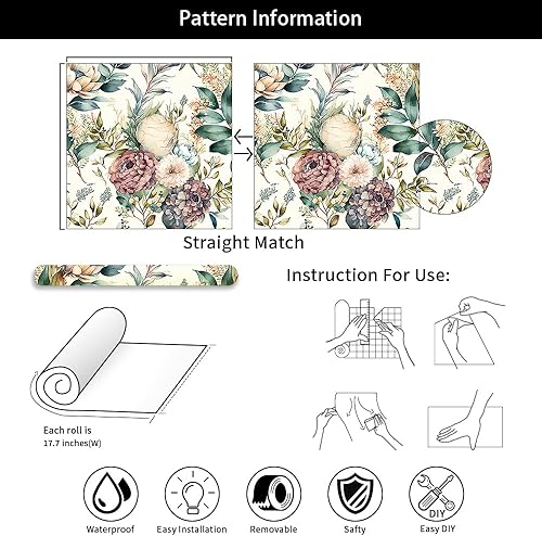 Miniatura 7 de Papel tapiz autoadhesivo con diseño de peonías y flores blancas pálidas, estilo bohemio, autoadhesivo, extraíble, fácil de despegar, para