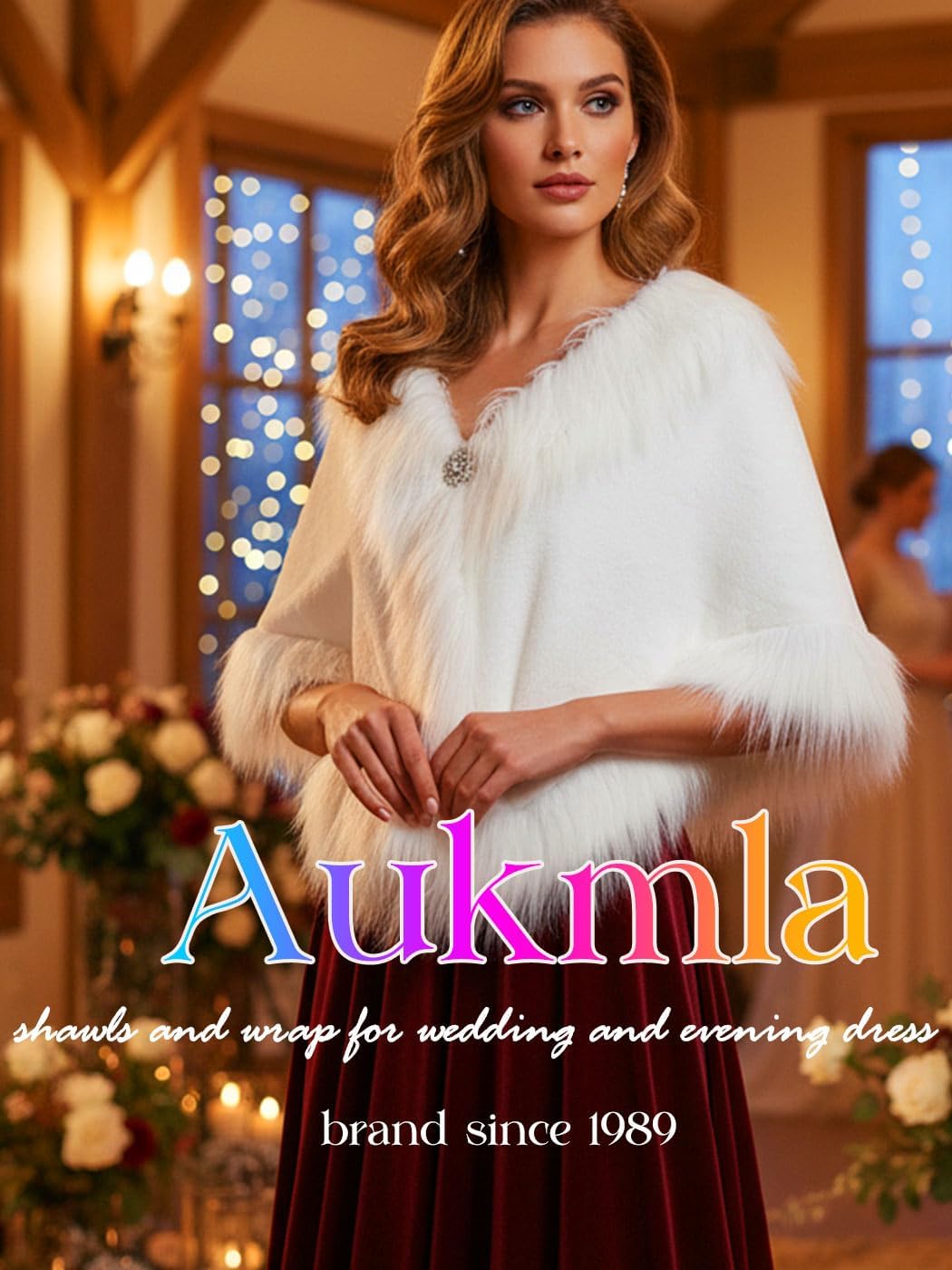 Aukmla Wedding Faux Fur Shawls and Wraps Bridal Fur Coat Winter Cape Stole with Rhinestones Brooch for Brides and Women - Image 4
