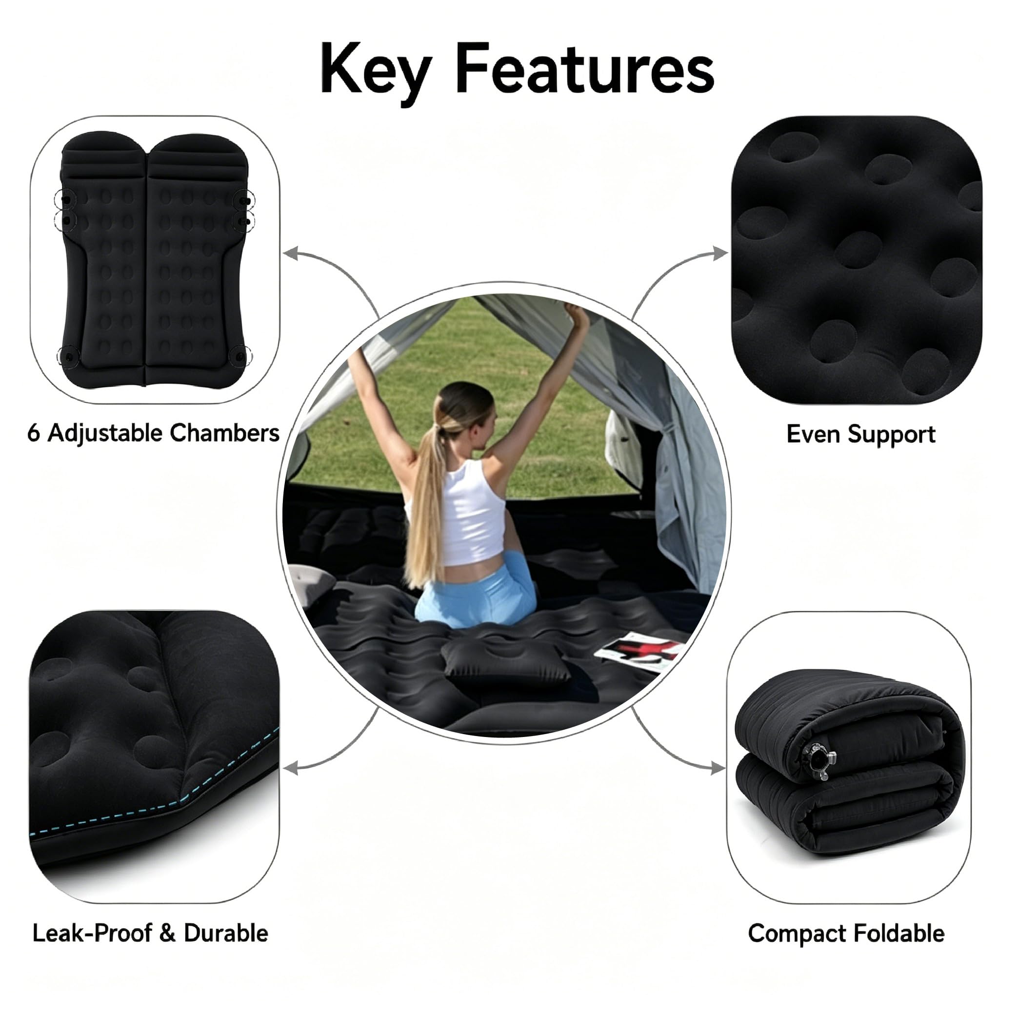 Materasso Gonfiabile Auto per Volvo V90 Cross Country 2016-2020, Letto Portatile con Pompa Rapida per Campeggio Viaggi e Riposo in SUV,A-Black