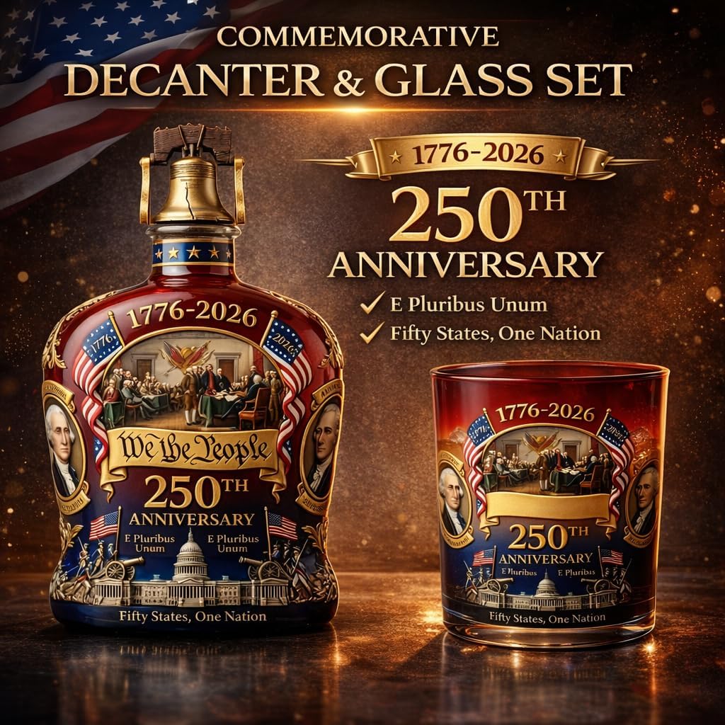 U.S. 250th Anniversary Whiskey Decanter, We The People 1776-2026 Amber Glass with Liberty Bell Stopper, 350 mL (11.8 fl oz), 7.6 in, Commemorative Gift