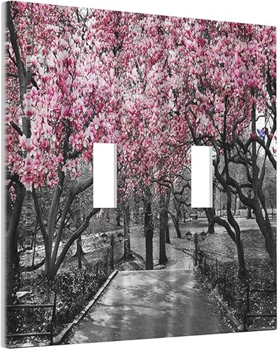 Pink Cherry - Placa de pared decorativa para interruptor de luz de palanca doble, diseño de cerezo con flores, bosque, camino, paisaje