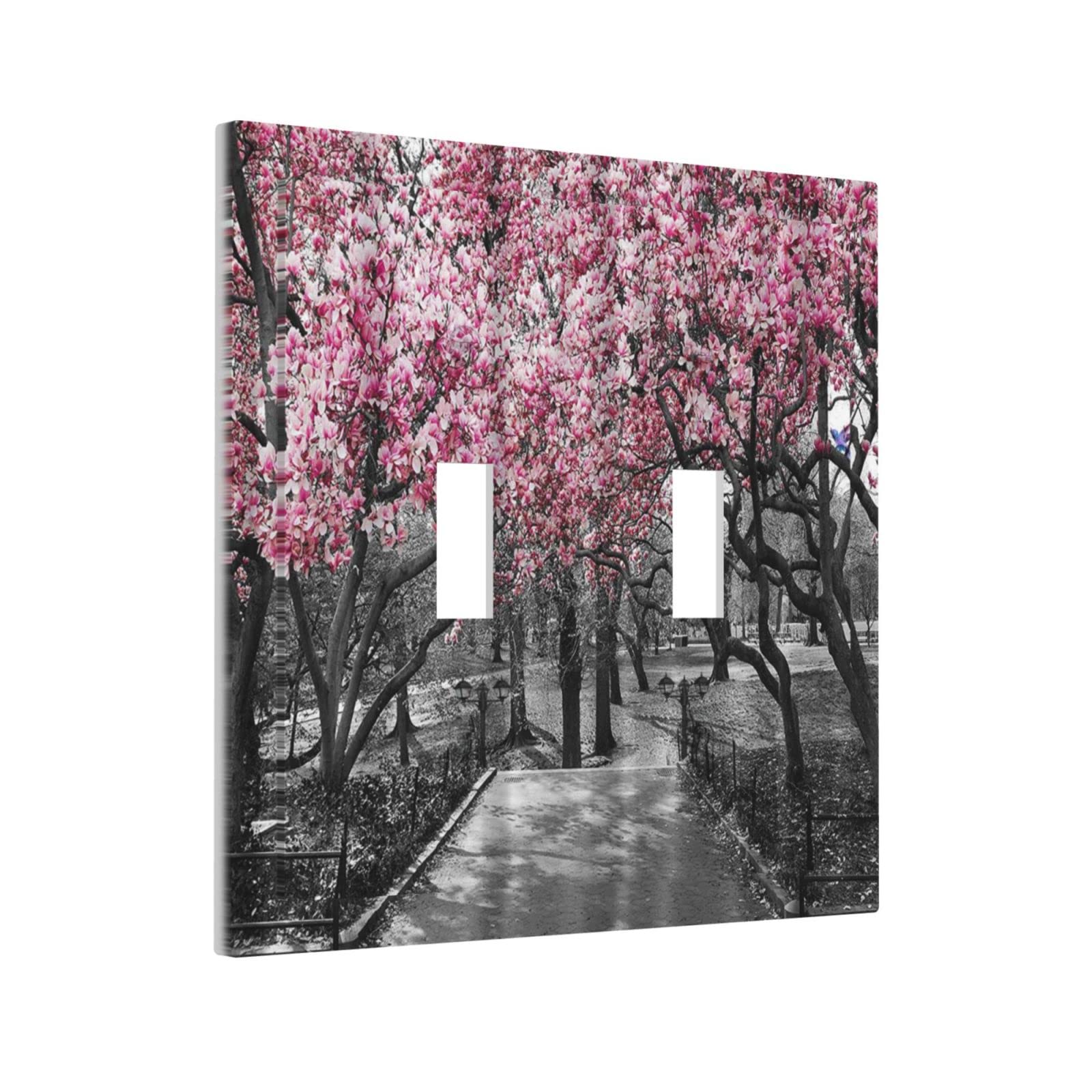Pink Cherry 2 Gang Double Toggle Light Switch Cover Decorative Electrical Switchplate Faceplate Blossom Forest Road Landscape Wall Plate